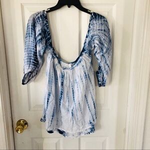 ELAN off the shoulder blue & white tie dye Flowey hippie shirt SIZE small